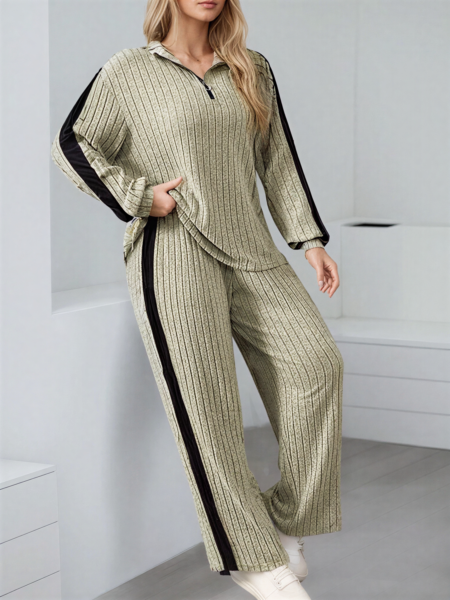 Conjunto Canelado com Suéter Gola V de Zíper e Calça Pantalona – Ivy