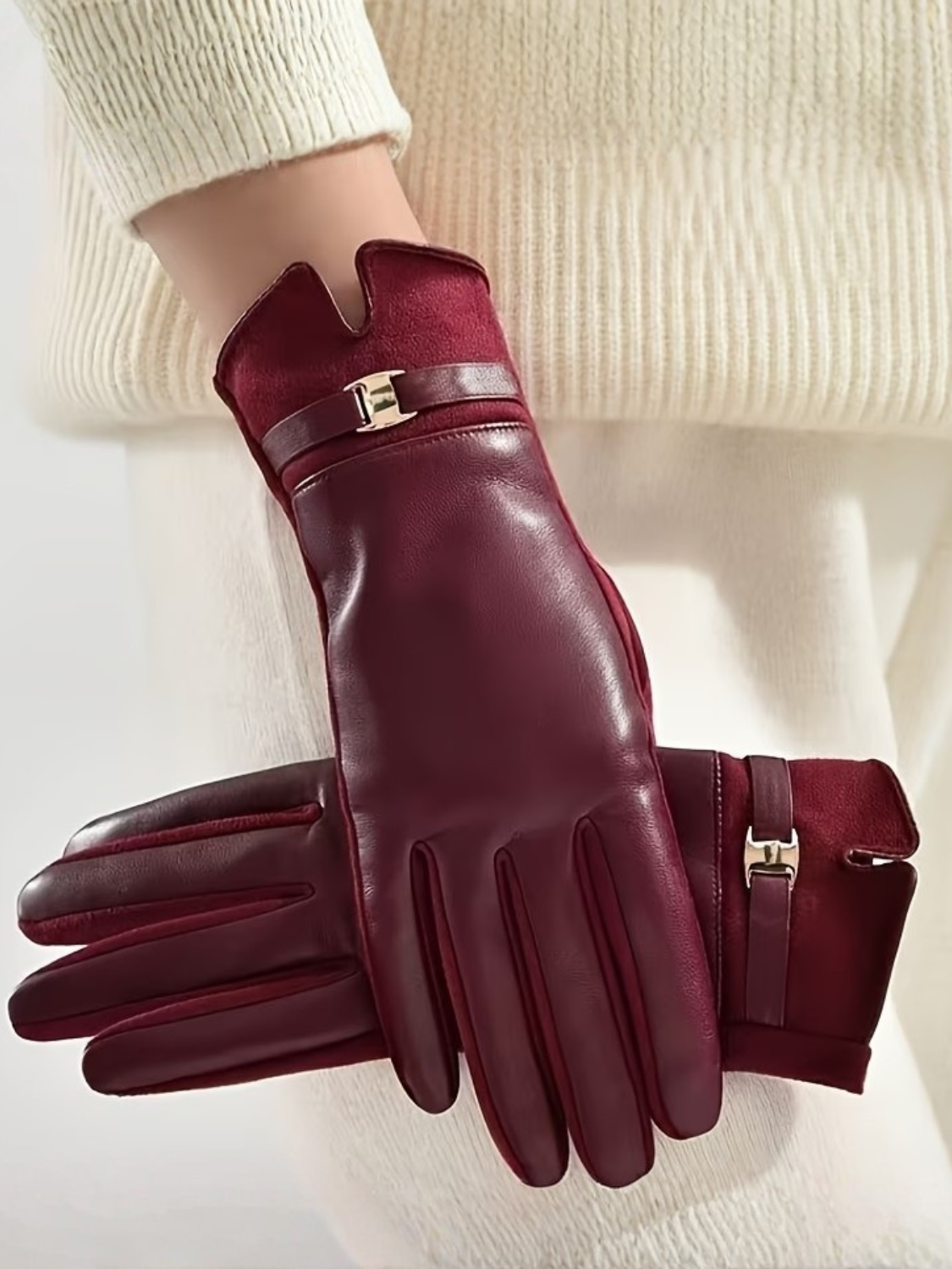 Luva Touch em Couro PU e Suede com Fivela Dourada Elegante- Kimberly