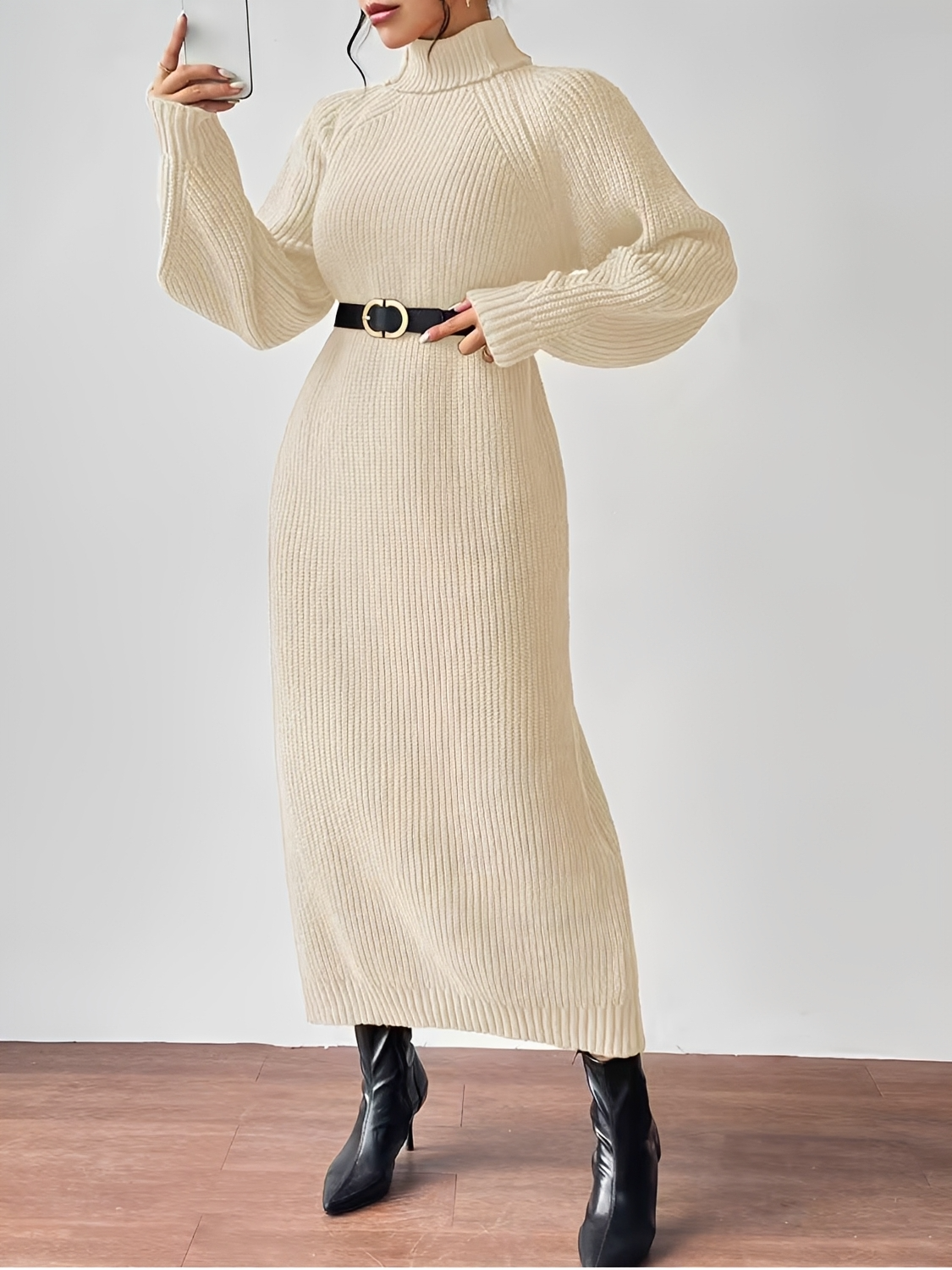 Vestido Suéter Midi em Tricô Canelado com Gola Alta e Mangas Longas -Julieta