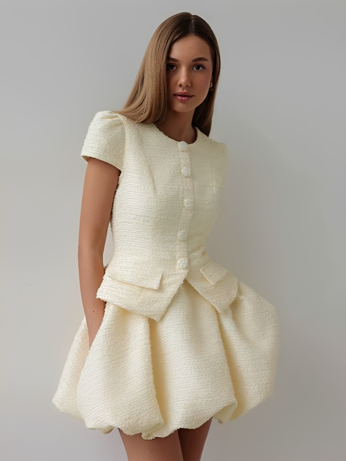 Conjunto em Tweed Blusa Manga Bufante Estruturada e Saia Balonê – Nari