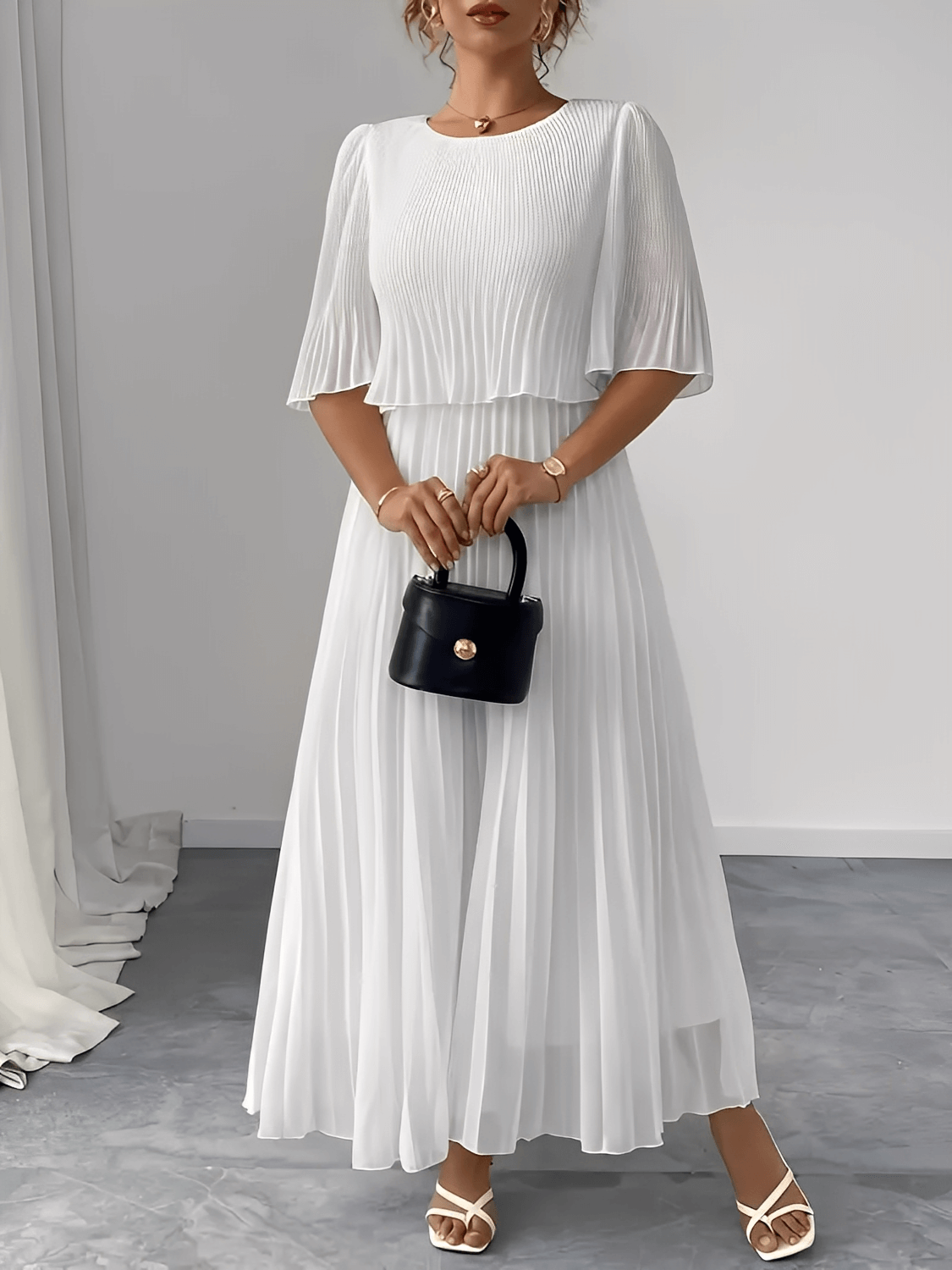 Vestido Feminino Longo Plissado em Chiffon com Duas Camadas Efeito Saia e Blusa – Marcela