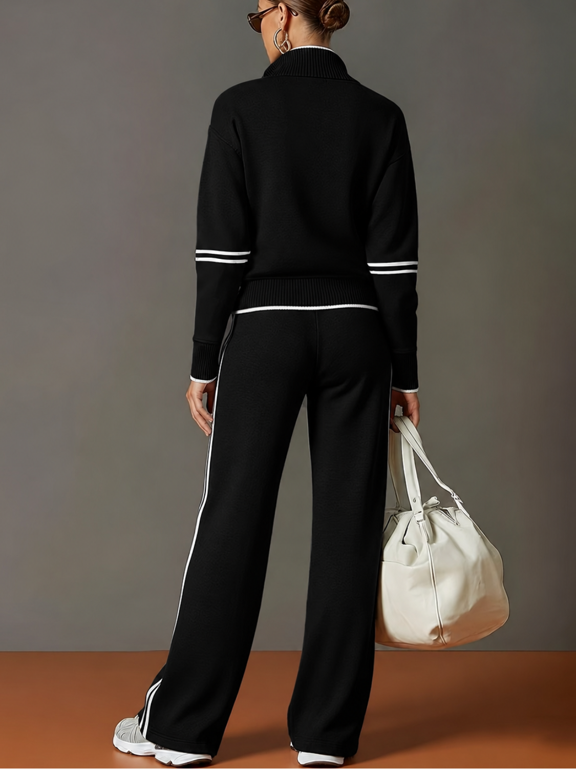 Conjunto com Suéter Meio Ziper Calça Wide Leg e Listras Elegantes- Jana