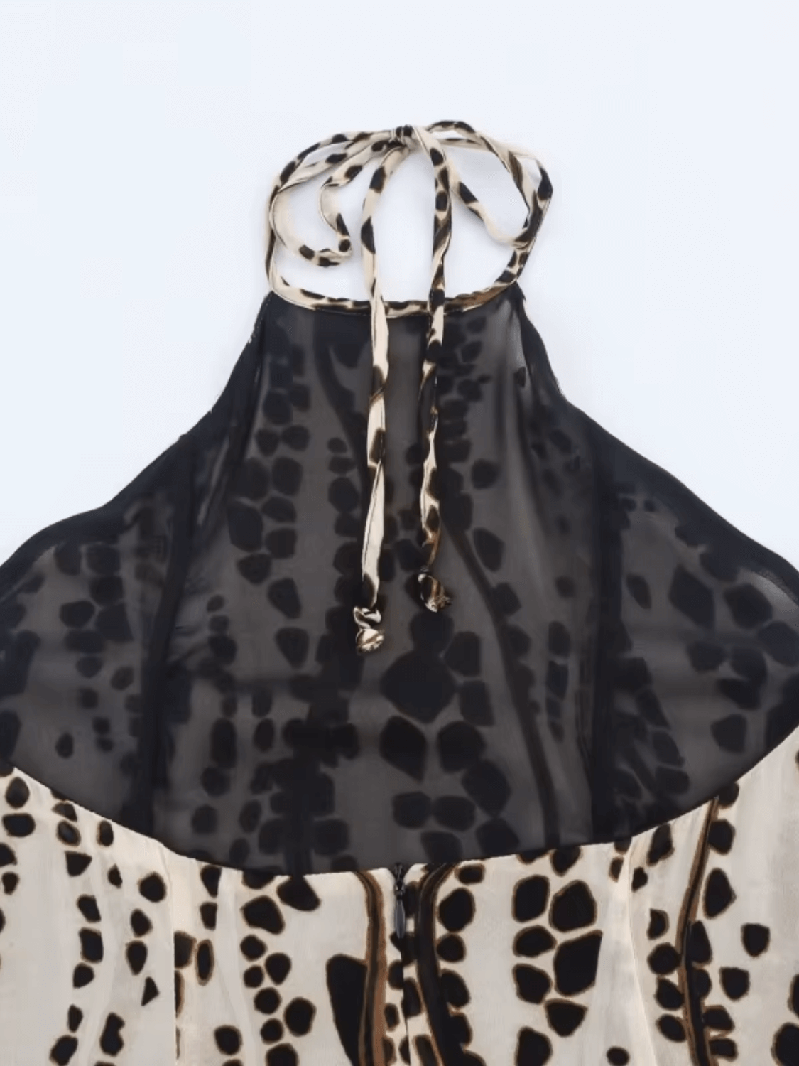 Vestido Feminino Midi em Chiffon com Estampa Animal Print Amarração no Pescoço e Costas Vazadas – Lana
