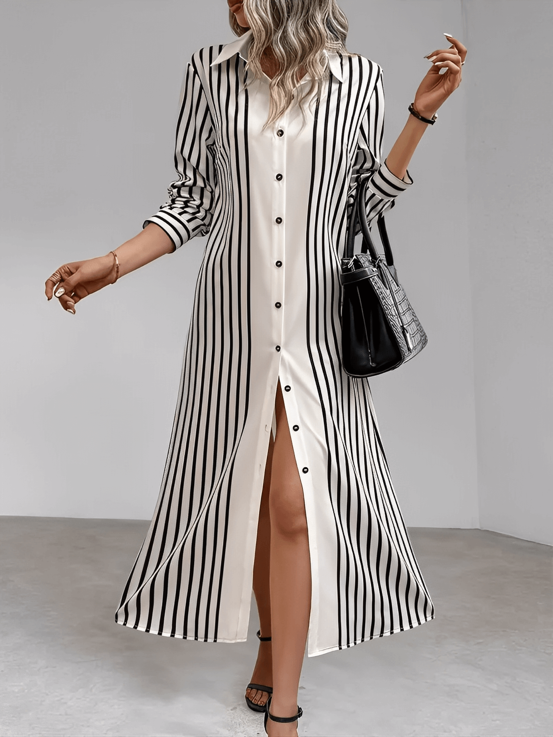 Vestido Feminino Chemise com Listras Verticais Botões Frontais e Acabamento Elegante nos Punhos – Julia