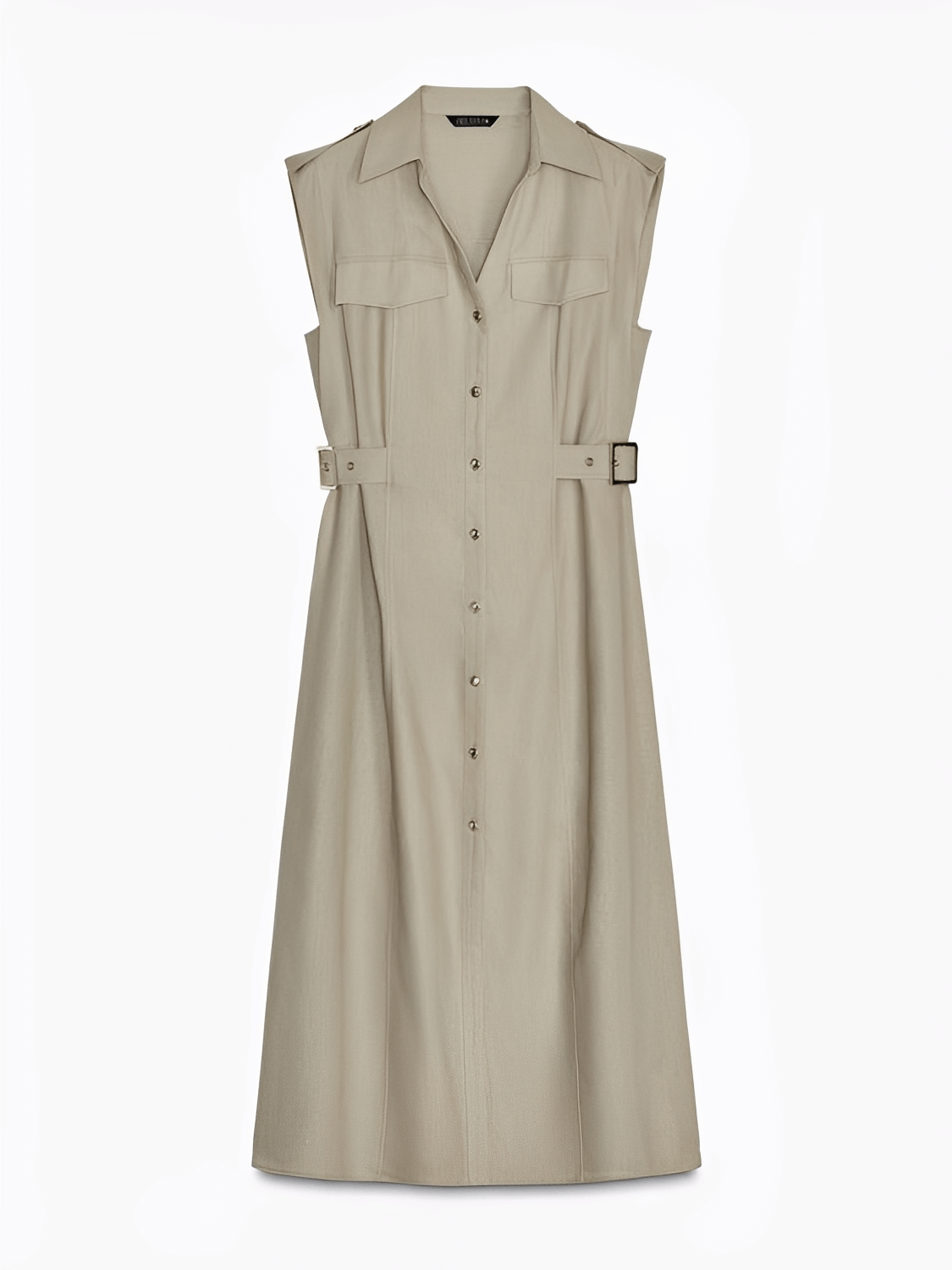 Vestido Feminino Midi Chemise Sem Mangas com Botões Frontais Bolsos Decorativos e Fivelas Laterais – Melina