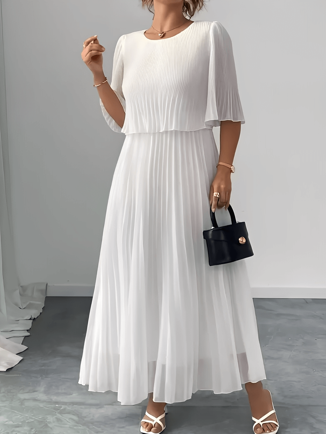 Vestido Feminino Longo Plissado em Chiffon com Duas Camadas Efeito Saia e Blusa – Marcela