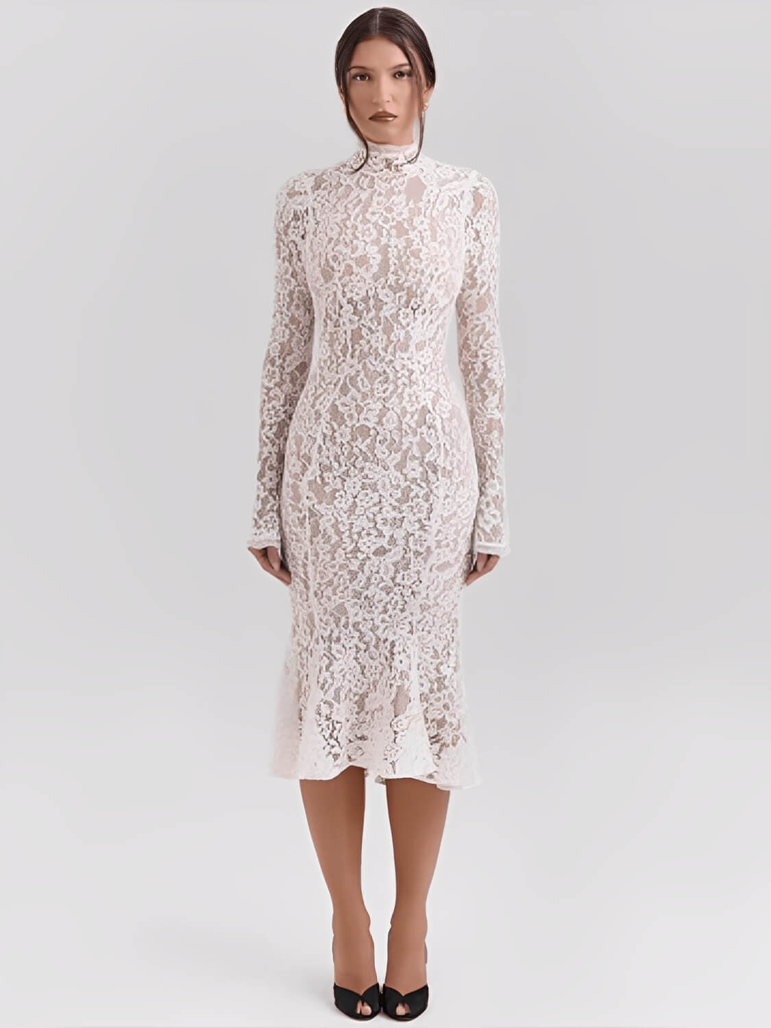 Vestido Feminino Midi em Renda Floral com Leve Godê Gola Alta e Manga Flare – Nagyla