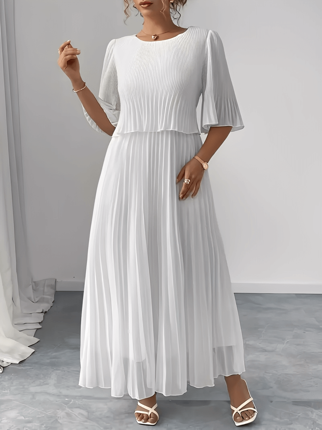 Vestido Feminino Longo Plissado em Chiffon com Duas Camadas Efeito Saia e Blusa – Marcela