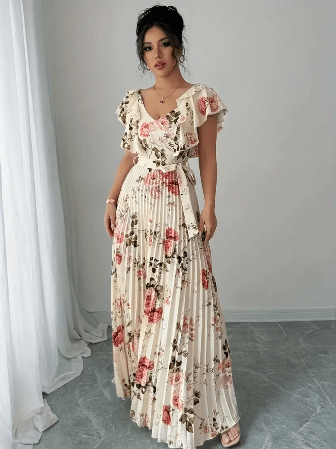 Vestido Feminino Longo Floral com Babados Saia Plissada e Faixa Removível na Cintura – Laís