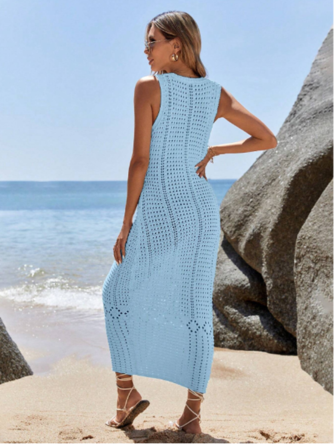 Vestido Feminino Midi em Crochê Vazado Com Decote V e Alças Largas – Samantha