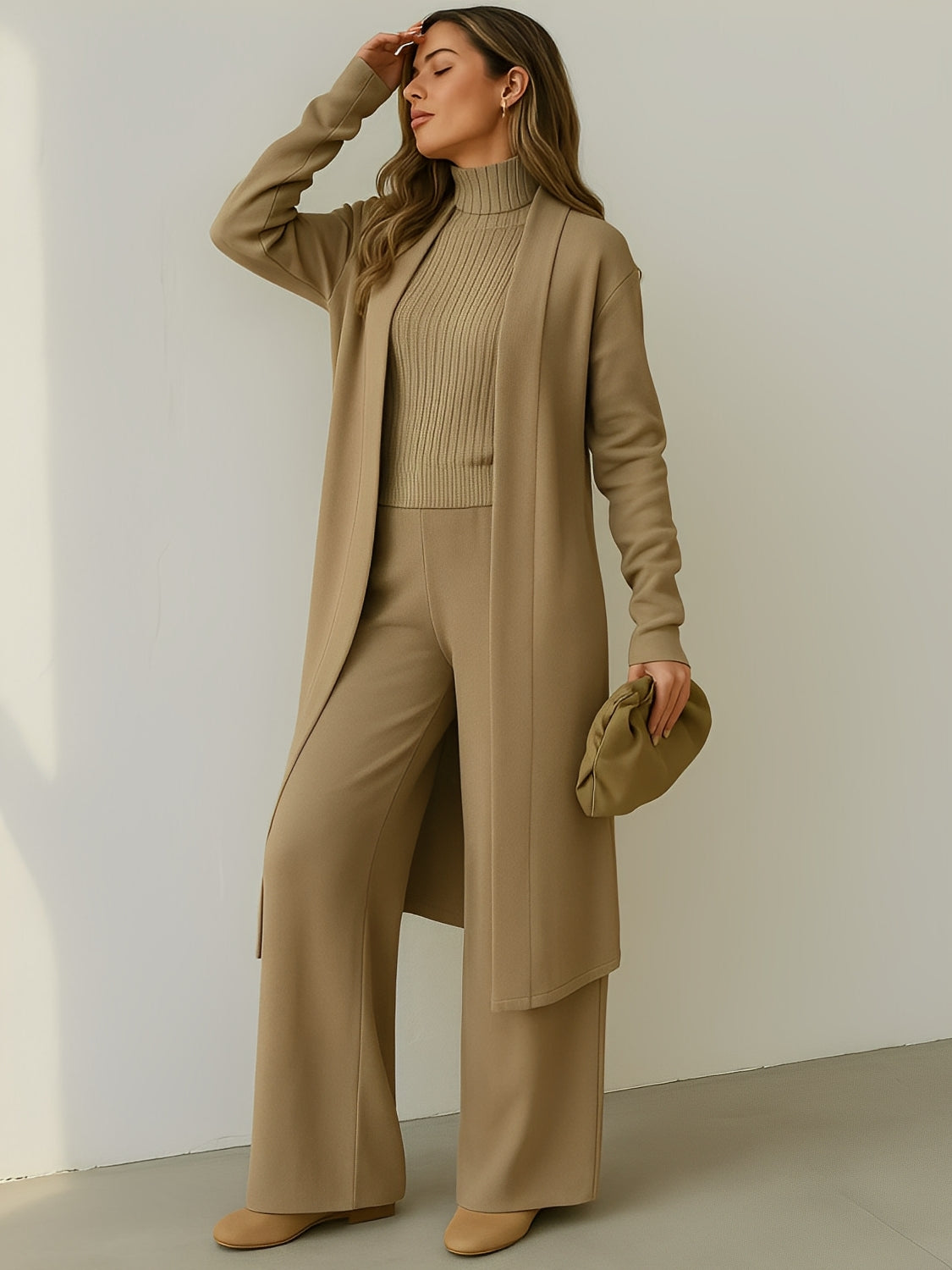 Conjunto 3 Peças com Blusa Canelada Cardigan e Calça Pantalona - Lolla