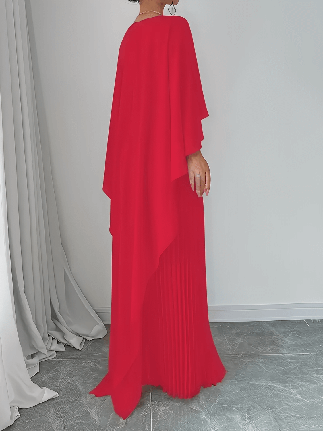 Vestido Feminino Longo de Festa Plissado com Capa Peplum Elegante Embutida – Loren