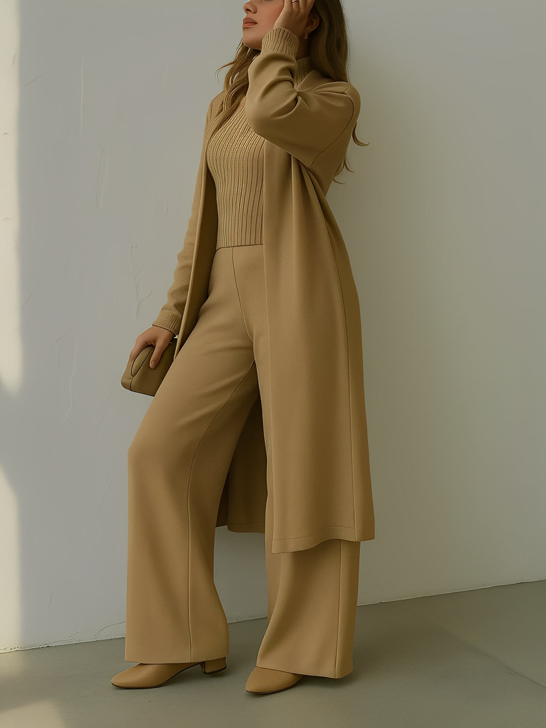 Conjunto 3 Peças com Blusa Canelada Cardigan e Calça Pantalona - Lolla