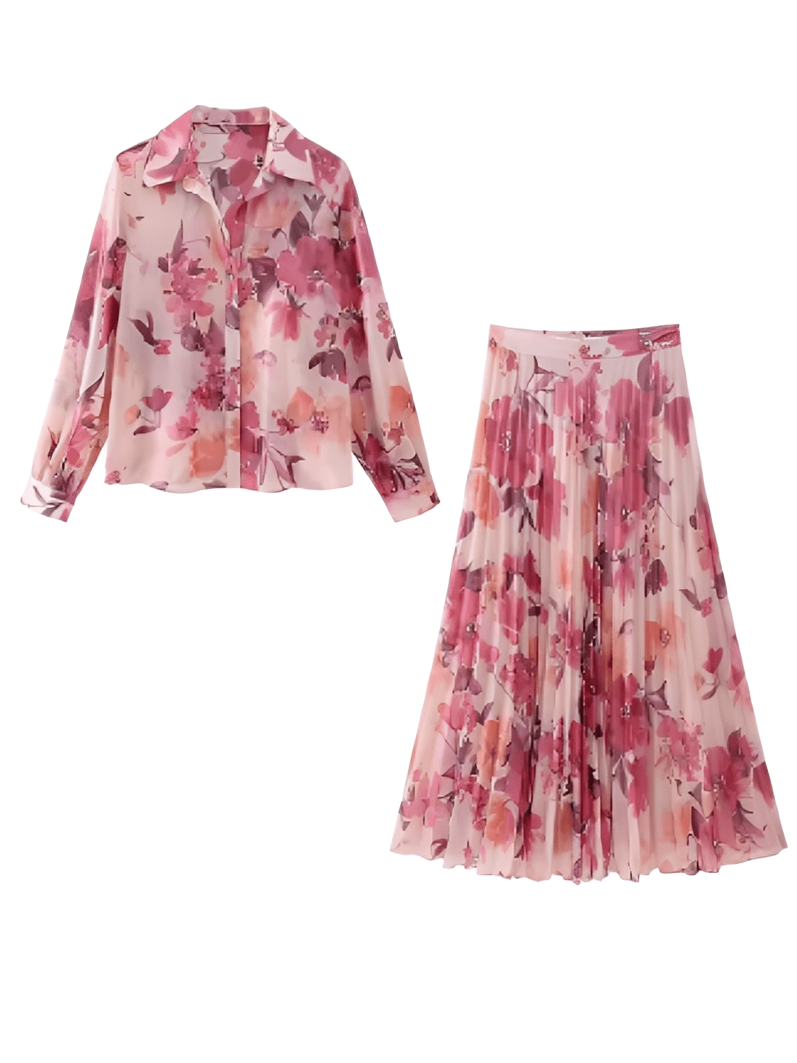 Conjunto Feminino Floral em Chiffon com Camisa Manga Longa e Saia Midi Plissada Cintura Alta – Audrey