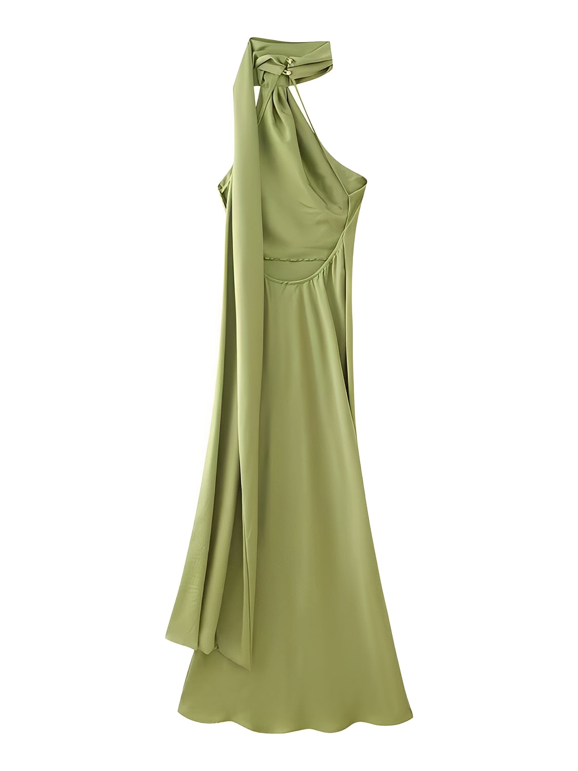 Vestido Longo Acetinado Halter com Capa Lateral e Costas Nuas - Serena