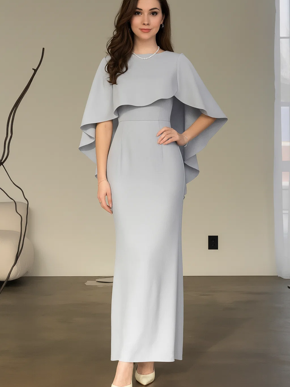 Vestido Longo de Festa Acinturado com Capa Peplum Elegante - Amna