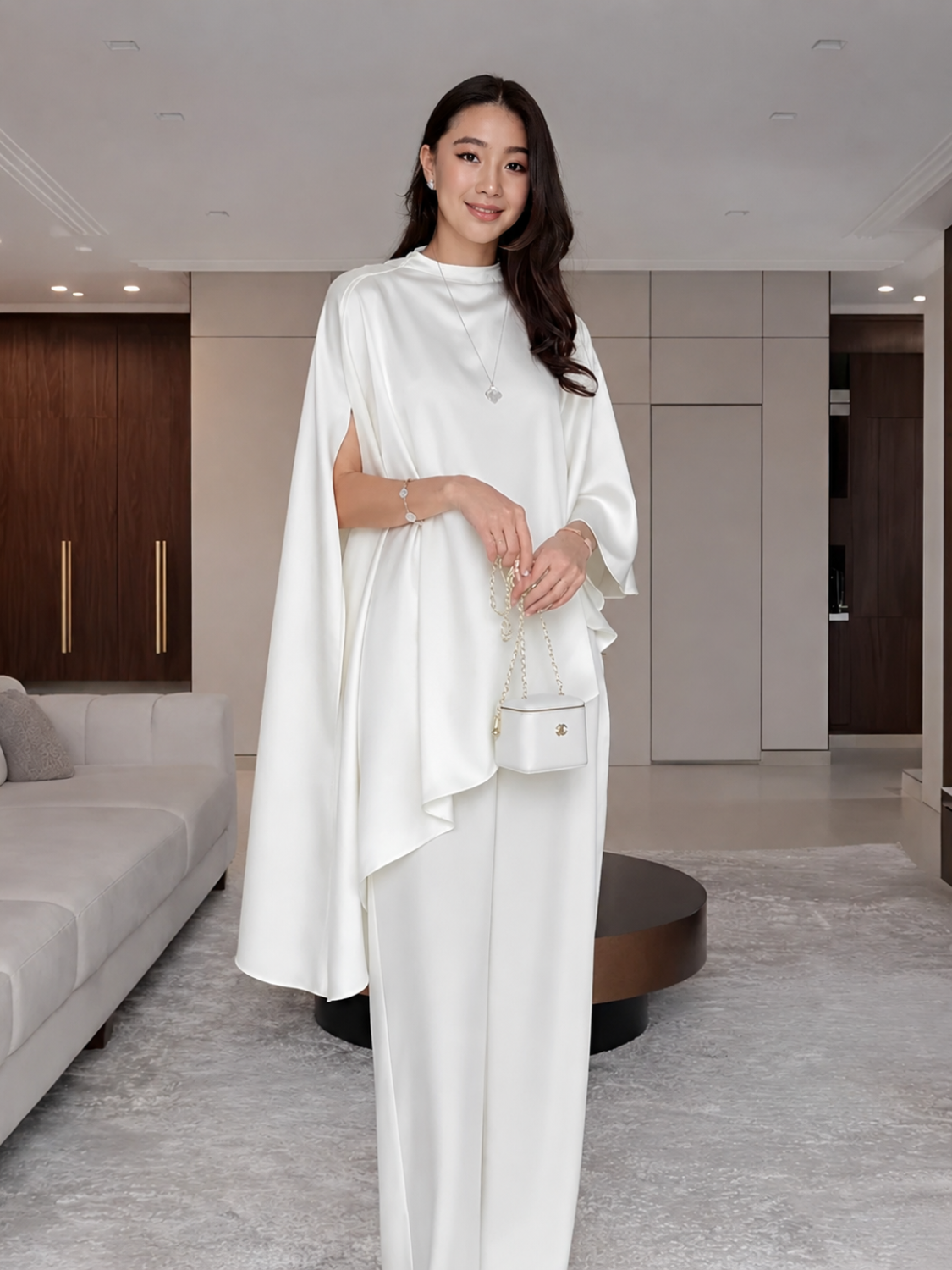 Conjunto com Blusa Assimétrica Estilo Capa e Calça Wide Leg - Estelle