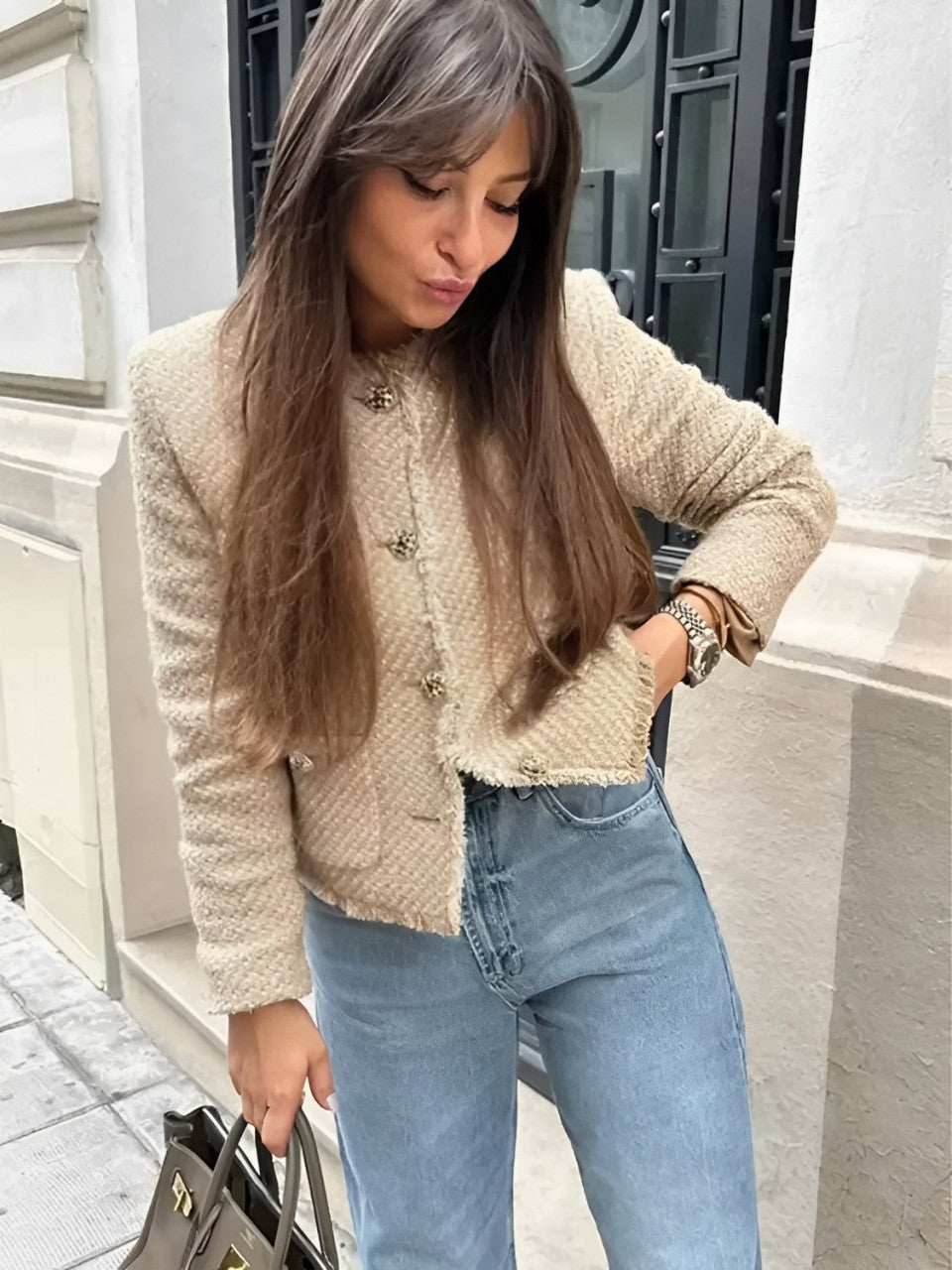 Jaqueta Feminina Tweed Texturizada com Botões e Bolsos - Giorgia