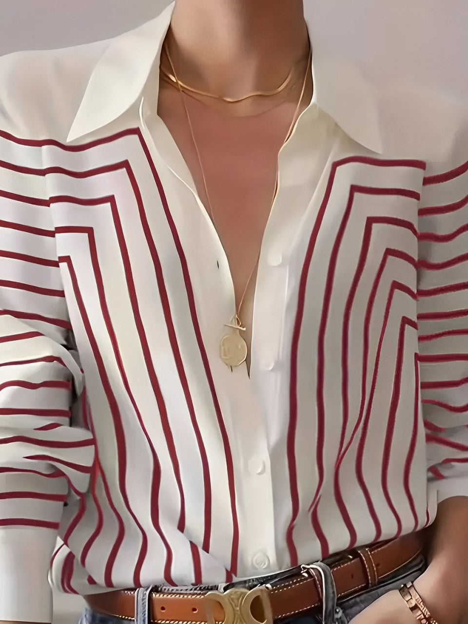 Camisa Listrada Elegante com Botões Frontais – Zaira