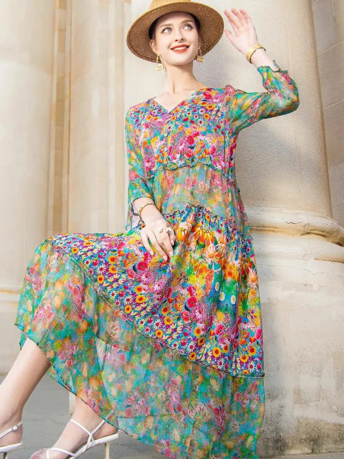 Vestido Midi Floral em Chiffon Estampado com Mangas Longas – Keila