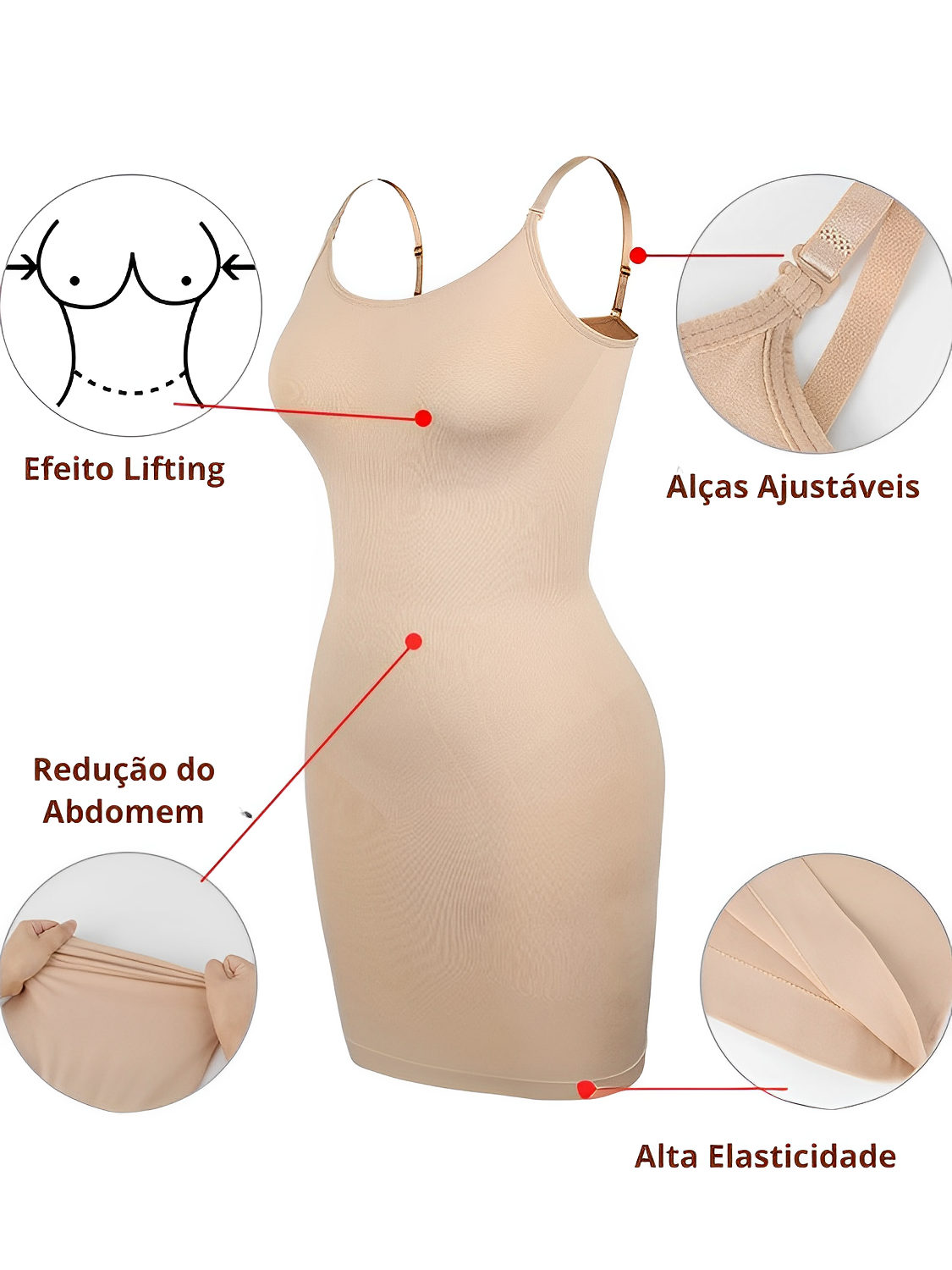 Vestido Modelador Feminino com Alças Ajustáveis e Efeito Lifting – Ingrid