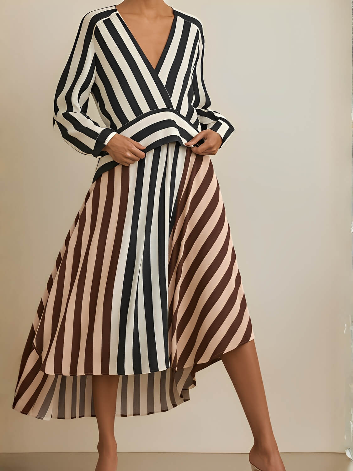 Vestido Mullet Listrado Manga Longa com Decote V Bicolor - Maris