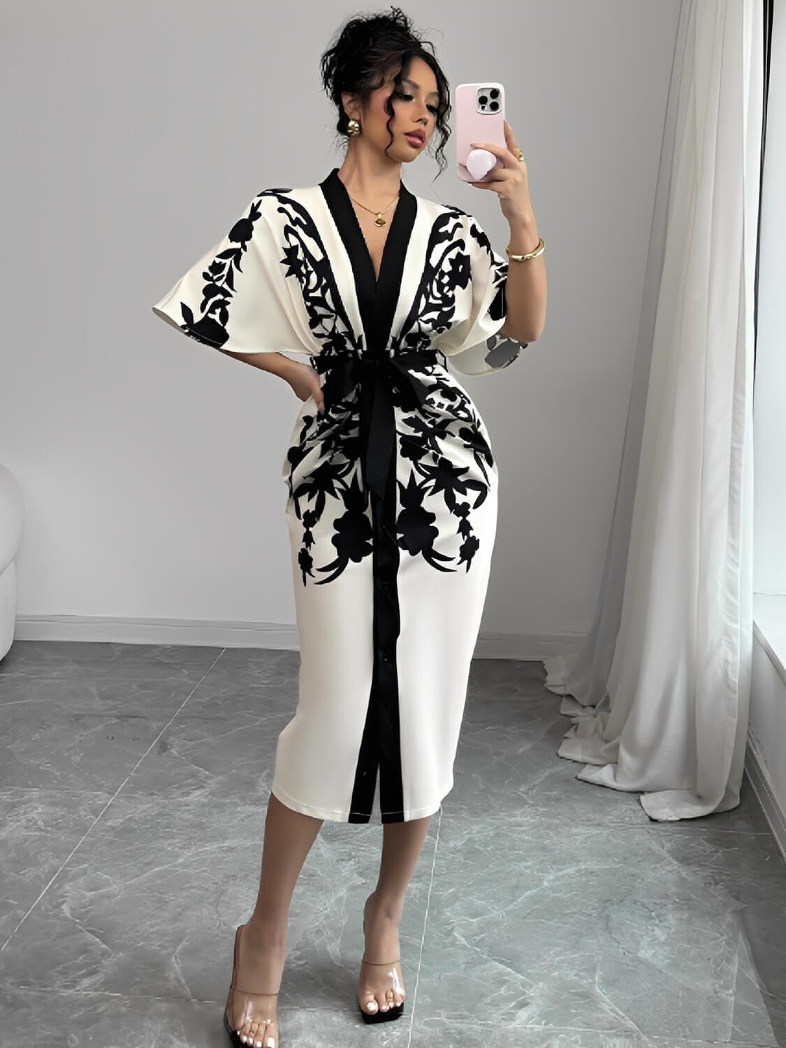 Vestido Midi Floral Arabesco com Manga Morcego Elegante - Inez