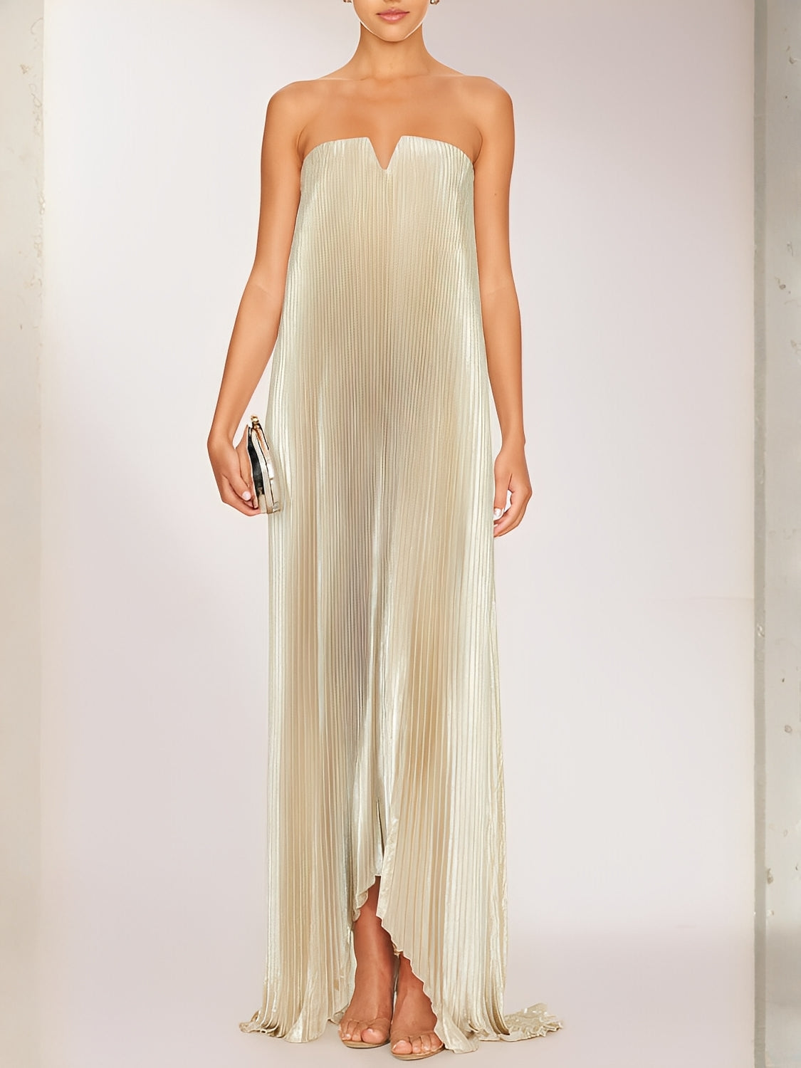Vestido Longo Plissado Acetinado Tomara que Caia Assimétrico - Éris