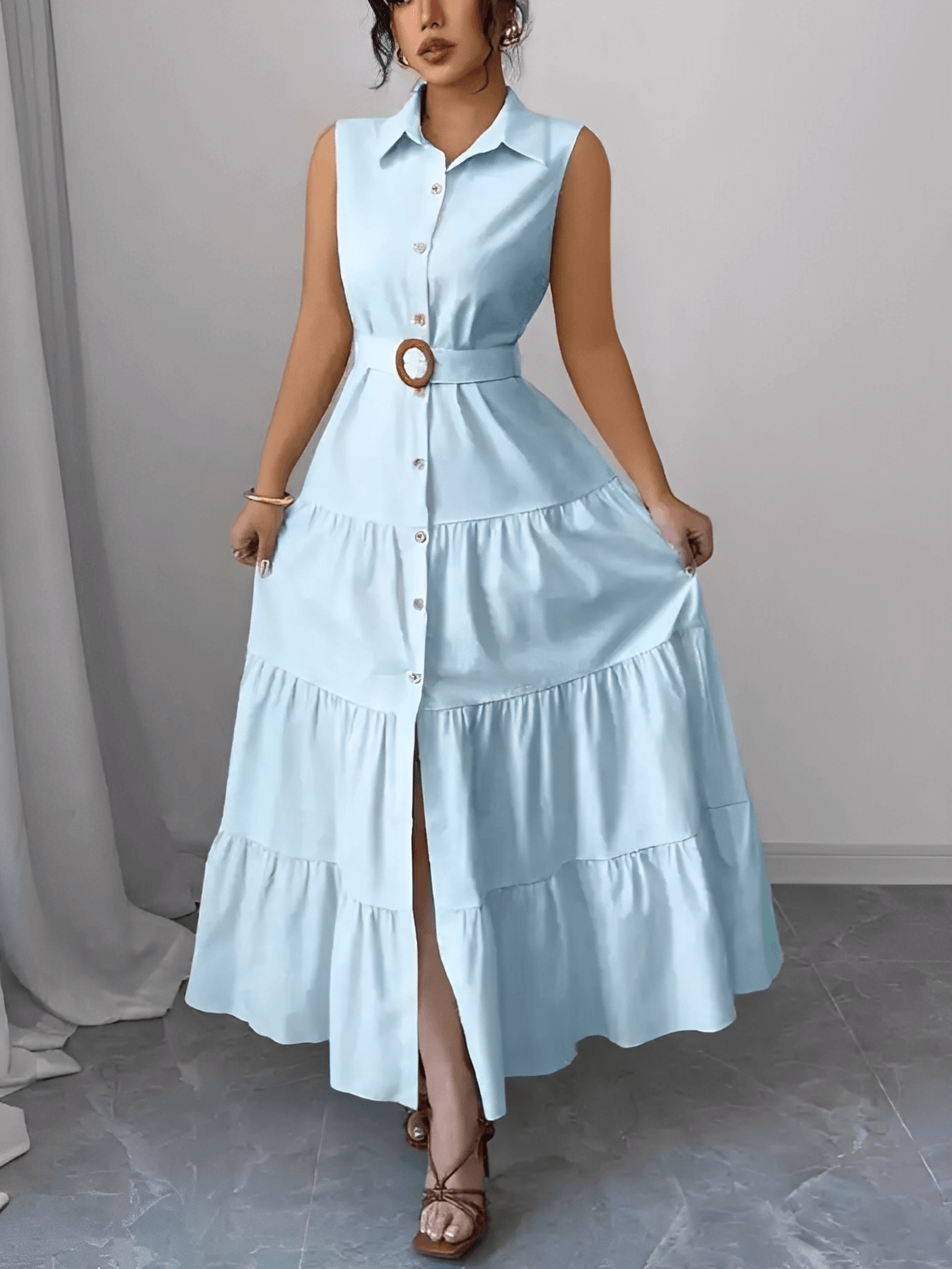 Vestido Feminino Longo em Camadas Franzidas com Gola Polo Cintura com Elástico nas Costas e Cinto Ajustável – Suzy