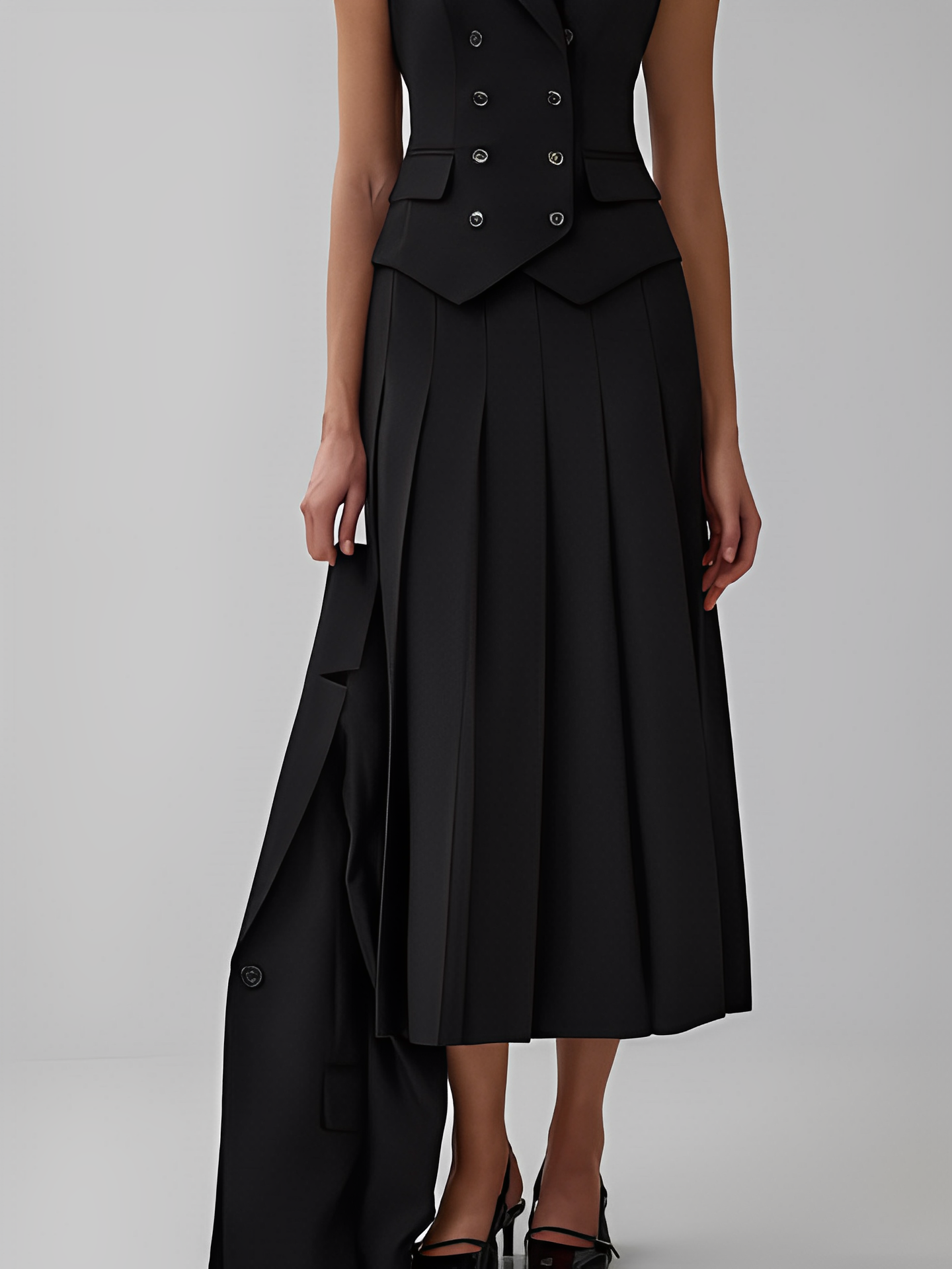 Conjunto Feminino de Alfaiataria com Colete Clássico e Saia Midi Plissada - Lizandra