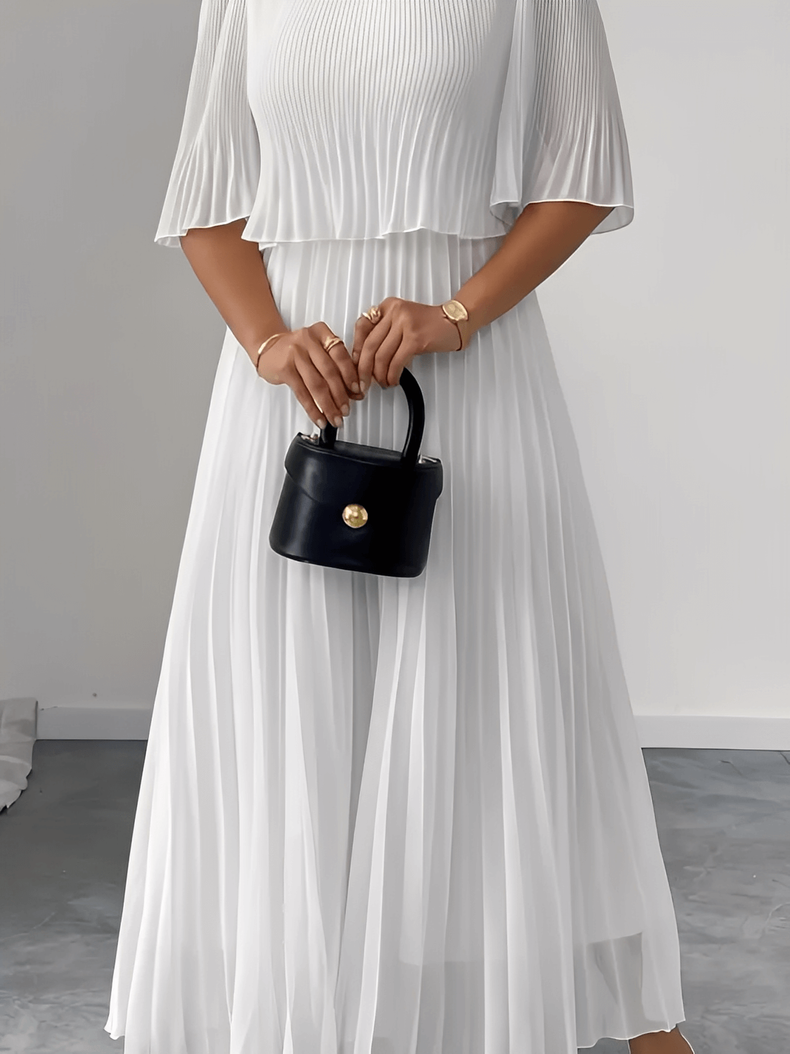 Vestido Feminino Longo Plissado em Chiffon com Duas Camadas Efeito Saia e Blusa – Marcela