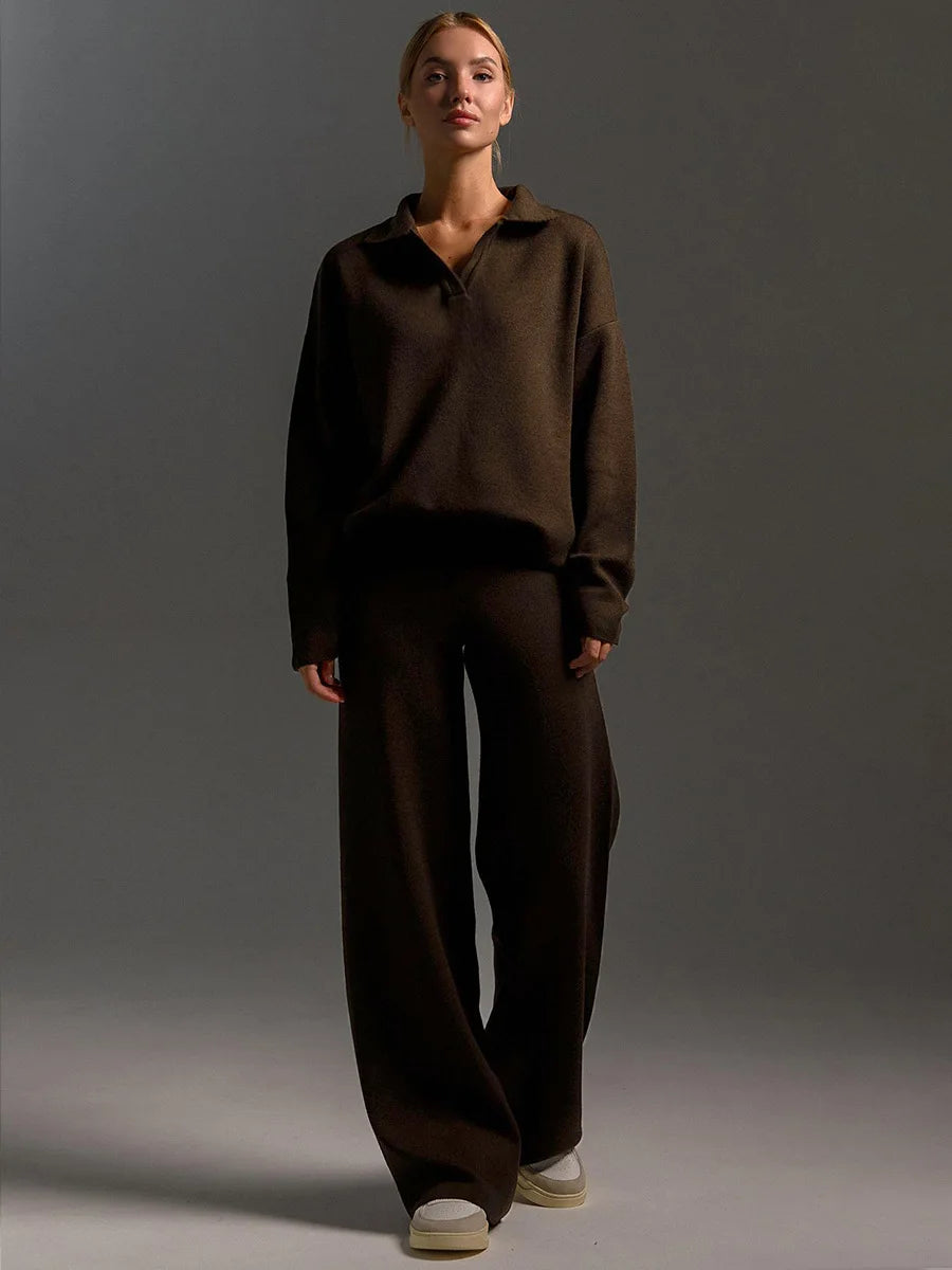 Conjunto com Suéter Gola Polo e Calça Flare Cintura Elástica - Isis