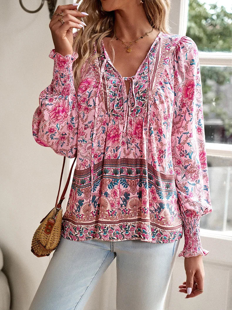 Blusa Boho Floral em Viscose com Decote em V – Flora