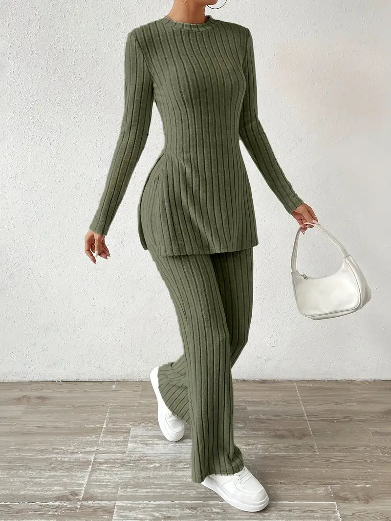 Conjunto Feminino em Tricô Canelado com Blusa Mullet Manga Longa com Fendas Laterais e Calça Flare com Cintura Alta Elástica - Sabrina [FRETE FULL]