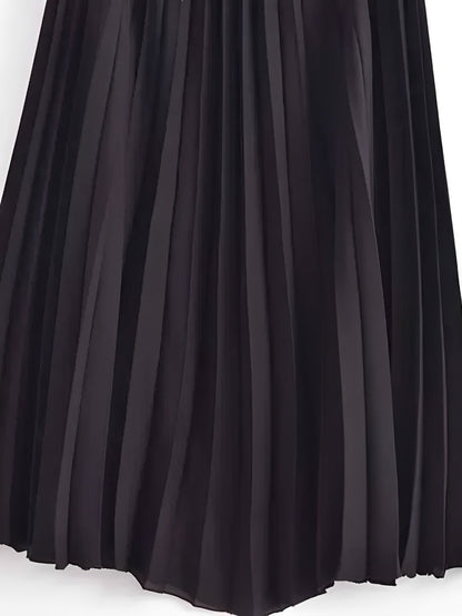 Vestido Feminino Midi de Alfaiataria sem Mangas com Decote V Plissado - Simona