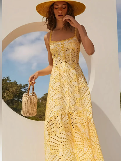 Vestido Feminino Midi de Laise com Babados e Elástico nas Costas - Marina