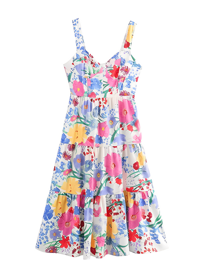 Vestido Feminino Longo Estampado Floral com Alças Finas e Decote Coração - Antonella