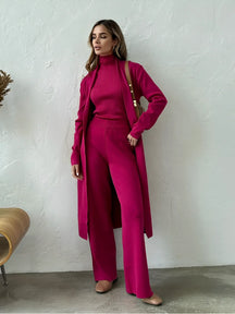 Conjunto 3 Peças com Blusa Canelada  Cardigan e Calça Pantalona - Lolla