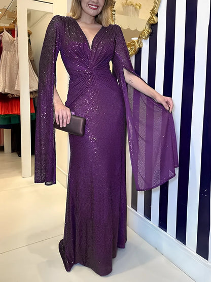 Vestido Feminino Longo de Festa Paêtes Decote em V e Nó na Cintura  - Dafne [FRETE FULL]