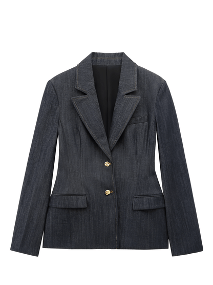Conjunto Feminino de 3 Peças Jeans com Blazer Acinturado Corset Peplum e Calça Wide Leg Cintura Alta - Kendall