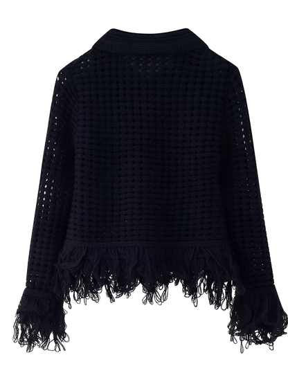 Conjunto Feminino em Tricô com Blusa Manga Longa com Fechamento em Botões e Saia Cintura Alta com Franjas - Monique