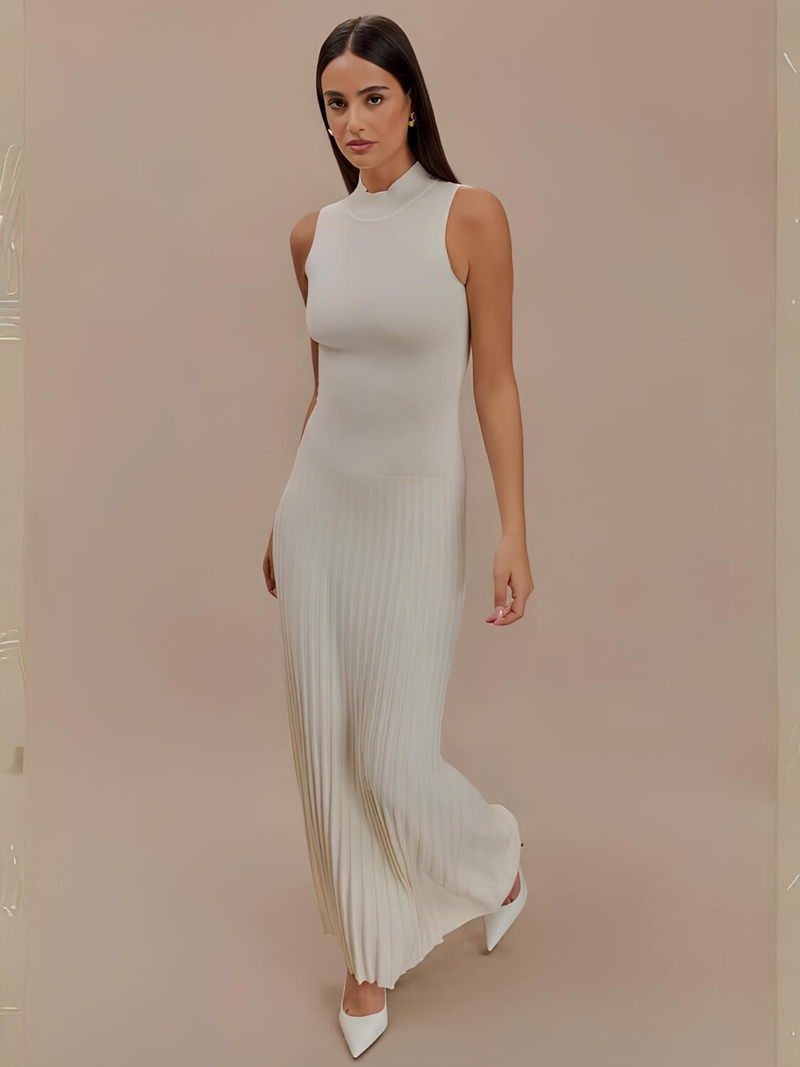 Vestido Longo em Tricô Canelado com Gola Alta e Saia Plissada – Sonia [FRETE FULL]
