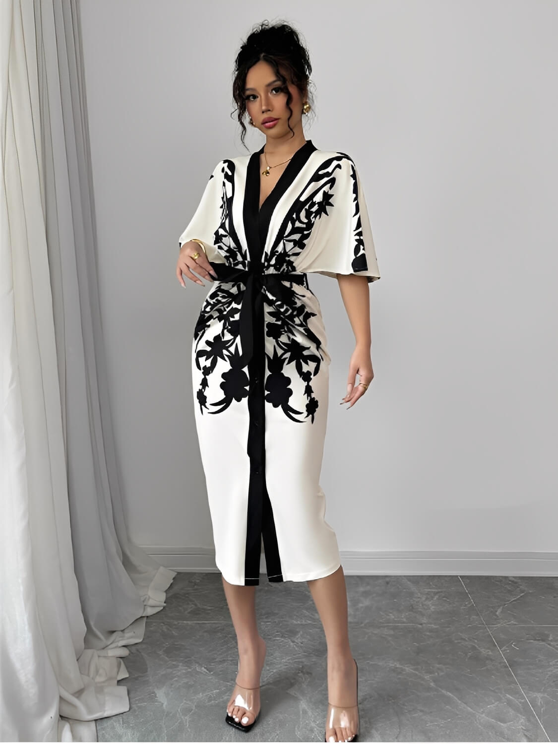 Vestido Midi Floral Arabesco com Manga Morcego Elegante - Inez