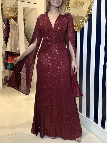 Vestido Feminino Longo de Festa Paêtes Decote em V e Nó na Cintura  - Dafne [FRETE FULL]