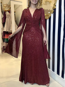 Vestido Longo de Festa em Paetês com Decote em V e Nó na Cintura – Dafne
