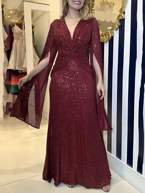 Vestido Longo de Festa em Paetês com Decote em V e Nó na Cintura – Dafne