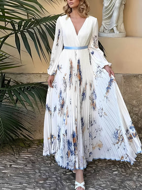 Vestido Longo Plissado Floral com Decote em V e Cinto-Faixa – Seraphina