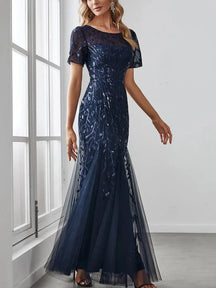 Vestido Longo de Festa Sereia com Tule Transparente e Bordados -  Lyra [FRETE FULL]