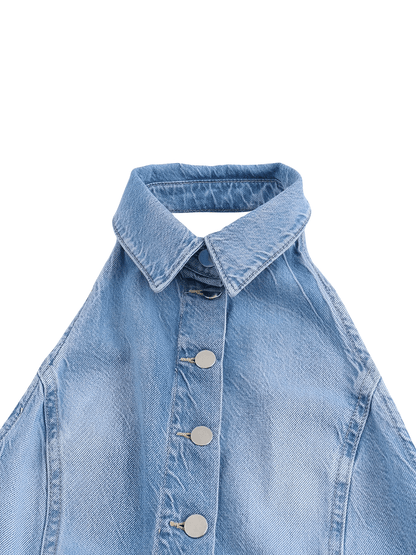 Macacão Feminino Jeans com Decote Nadador e Abertura Frontal em Botões Modelagem Wide Leg  - Jordana