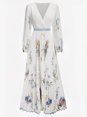 Vestido Longo Plissado Floral com Decote em V e Cinto-Faixa – Seraphina